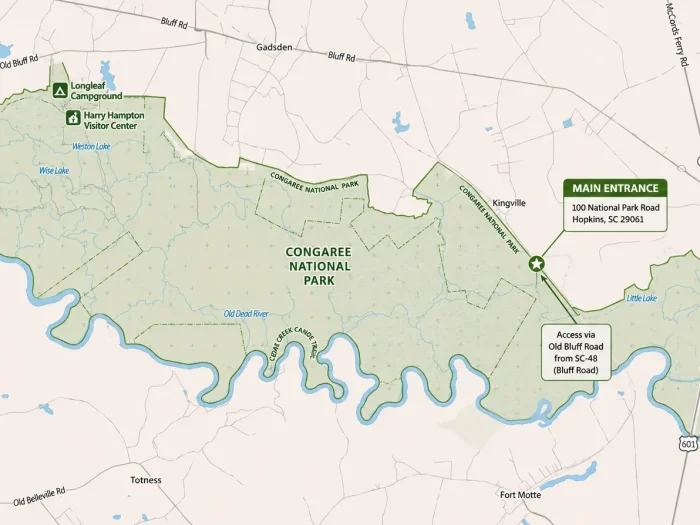 Congaree National Park Map and Entrances Explained 1 Congaree National Park Map and Entrances Explained