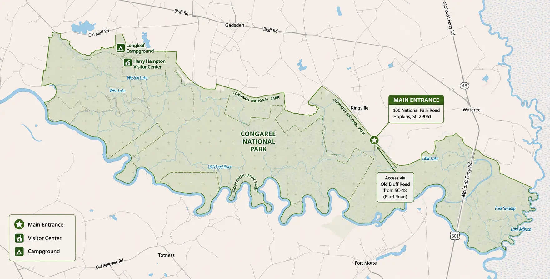 Congaree National Park Map and Entrances Explained 1 Congaree National Park Map